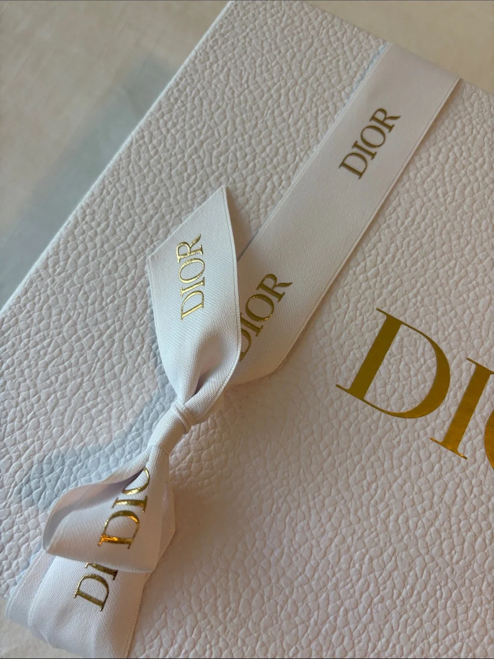 Dior White Gift Box with Gold Logo and Ribbon